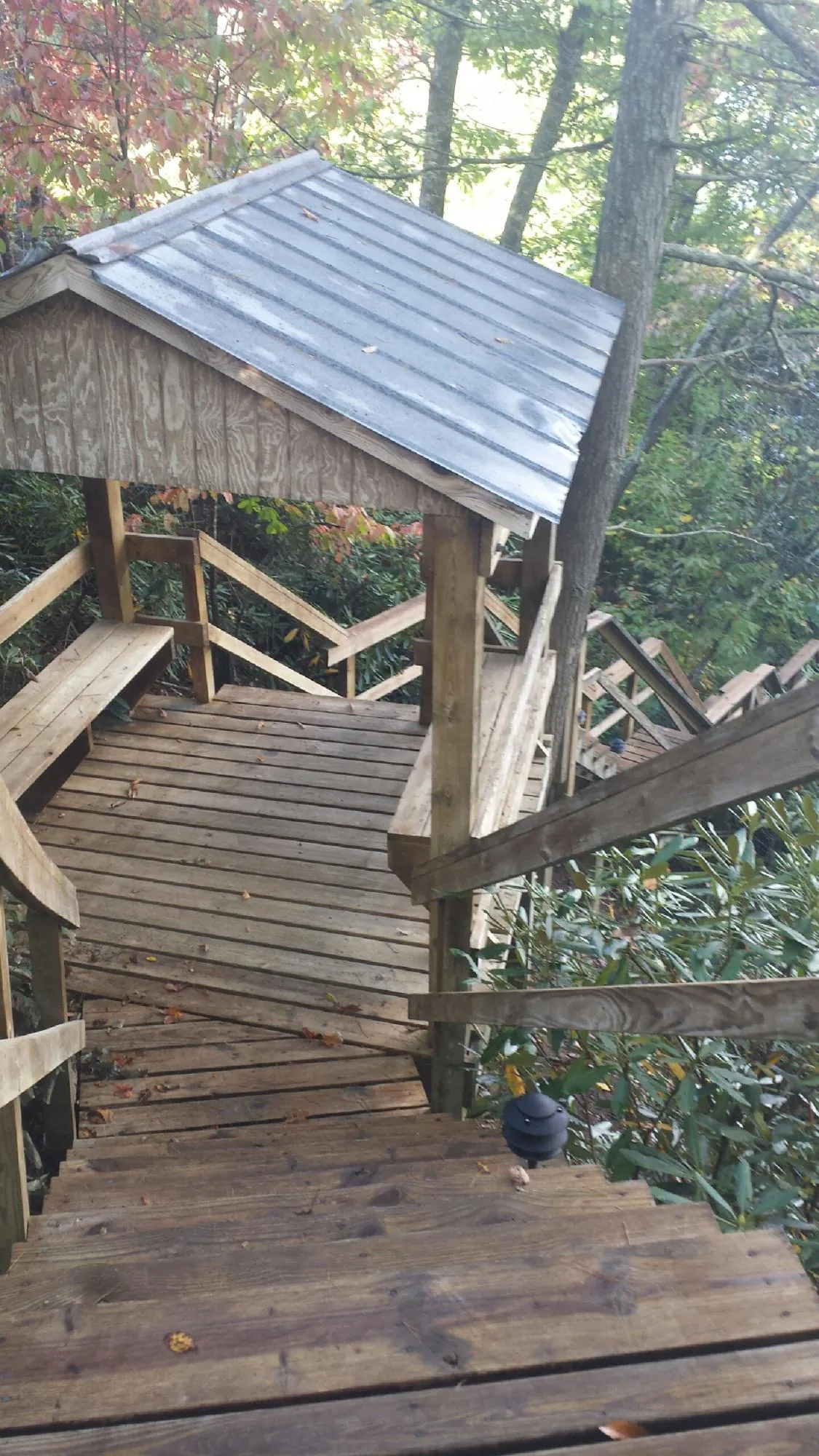 Metal roofed shelter over wooden steps on a wooded walkway — Skylight Repair & Installation work by our crew in Grace